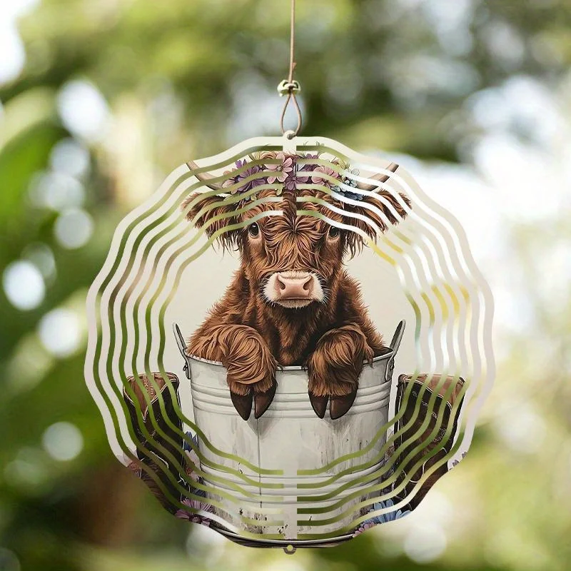 Tegooe Tegooe 2D Metal Highland Cow Wind Chime Spinner - Floral Print Art