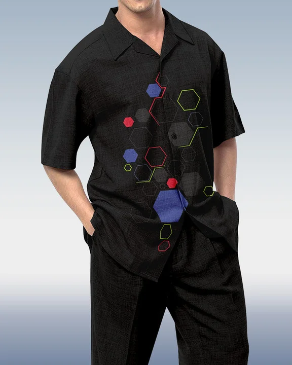 Suitmens Men's Gradient Polka Dot Print Short Sleeve Shirt Walking Set 501