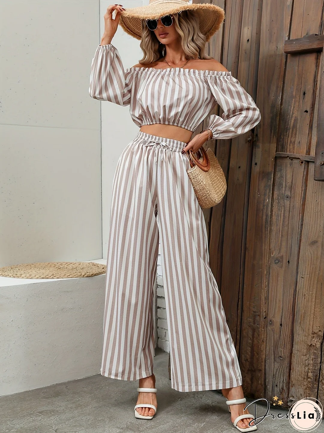 Striped Print Casual Two-piece Set, Off Shoulder Long Sleeve Tops & Wide Leg Drawstring Pants Outfits, Women's Clothing