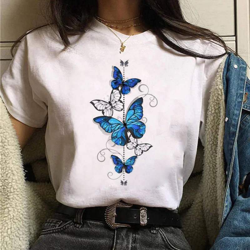 Women Red and Black Butterfly Fashion T Shirt Girl Harajuku Korean Style Graphic Tops Valentine's Day Female T-shirt,Drop Ship