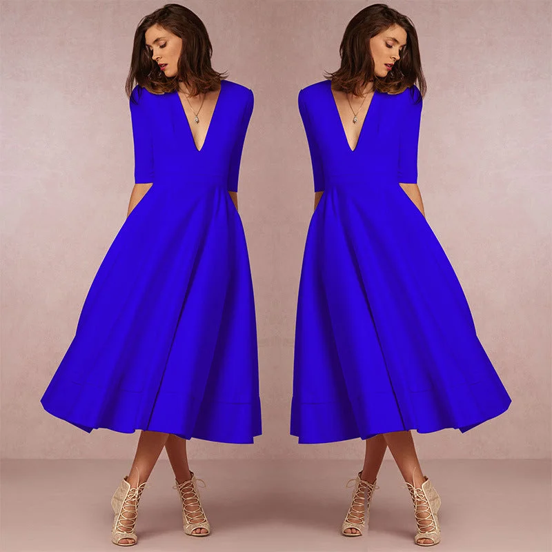 Gathered Half Sleeve A-Line Cocktail Midi Dress