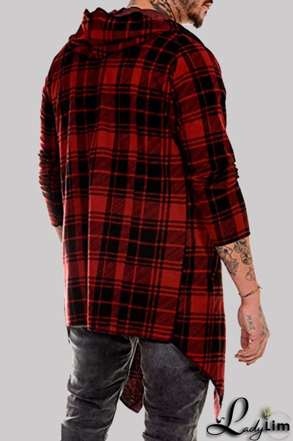 Dark Gray Fashion Casual Plaid Split Joint Hooded Collar Outerwear