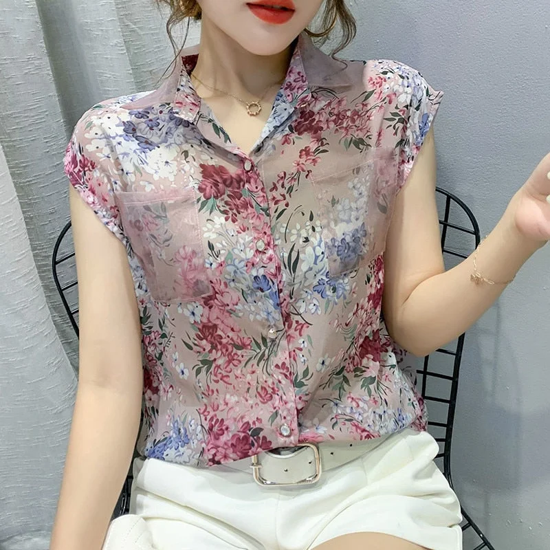 Casual Sleeveless Print Blouse Spring Summer New Floral Chiffon Shirts Women  Plus Size Cardigan Ladies Tops Blusas Mujer 10225