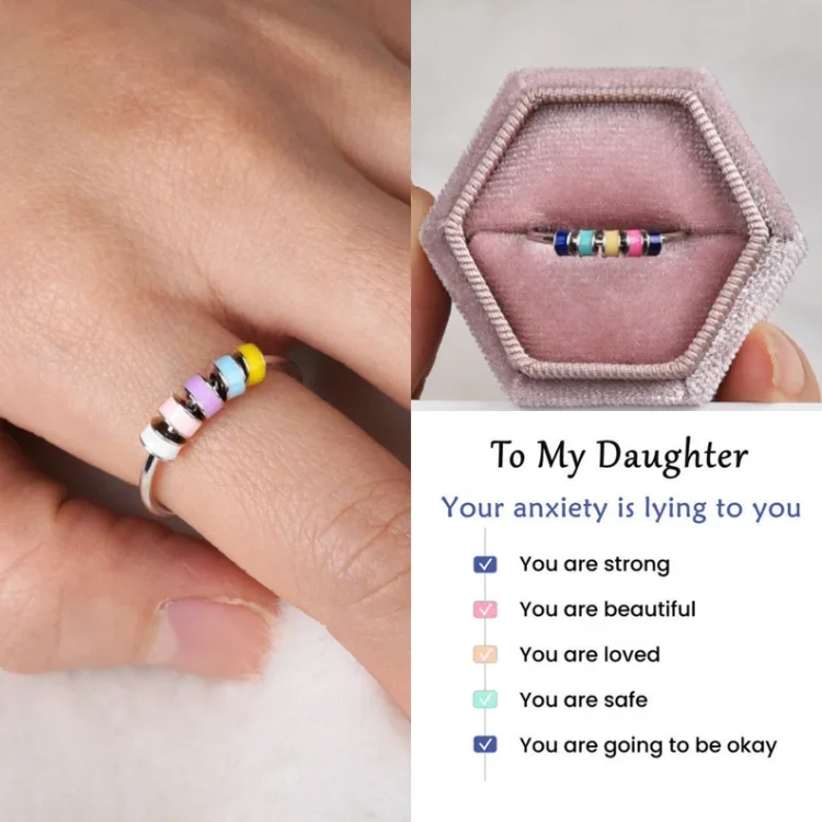 For Daughter-S925 Colorful Beads Fidget Ring Anxiety Spinning Ring" Your anxiety is lying to you"
