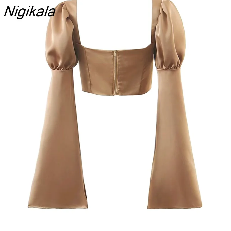 Nigikala Sexy Women Fashion Slits Flare Sleeve Blouse Elegant Square Neck Female Summer Crop Top