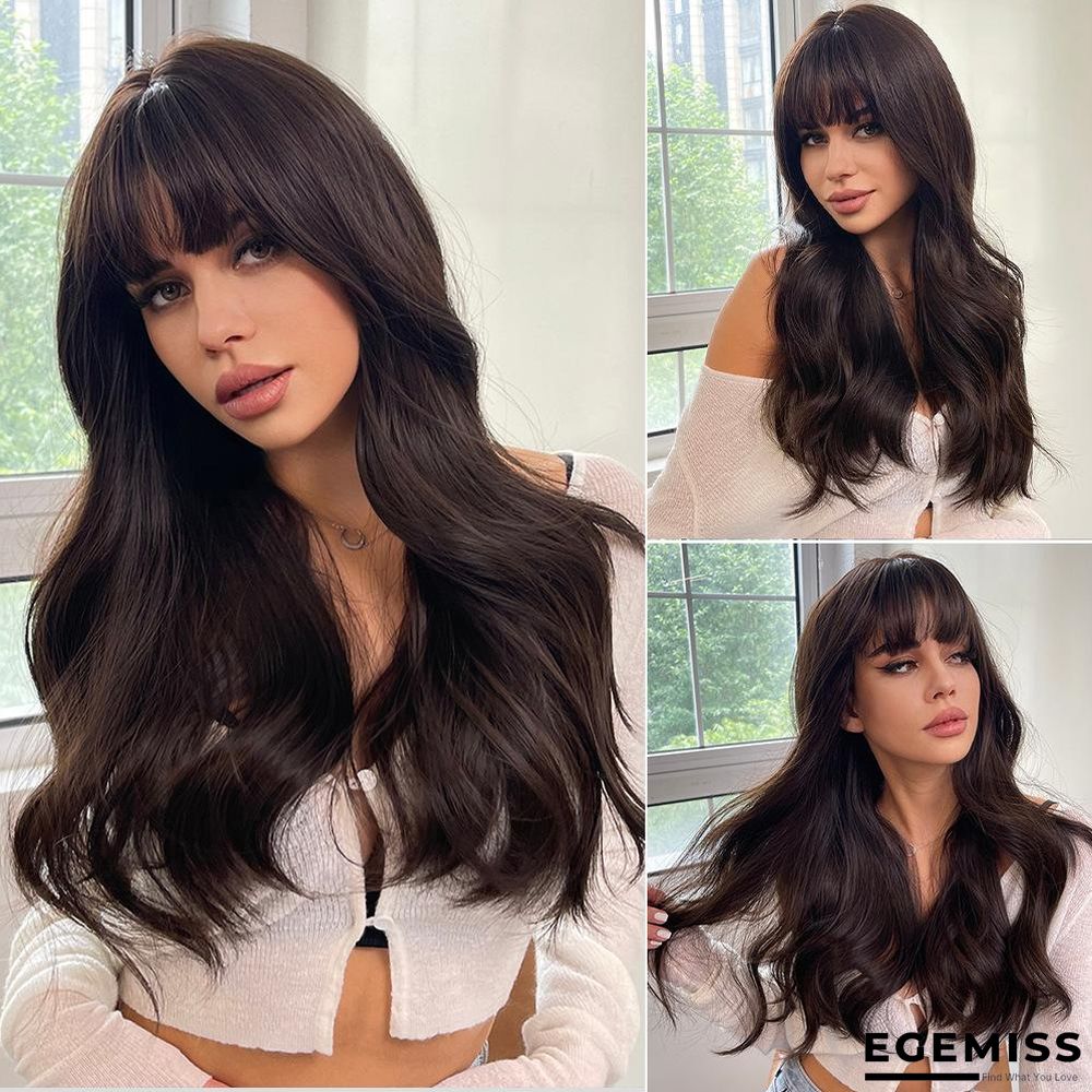 Long Brown Wigs with Bangs  Wave Synthetic Wigs for  Women | EGEMISS