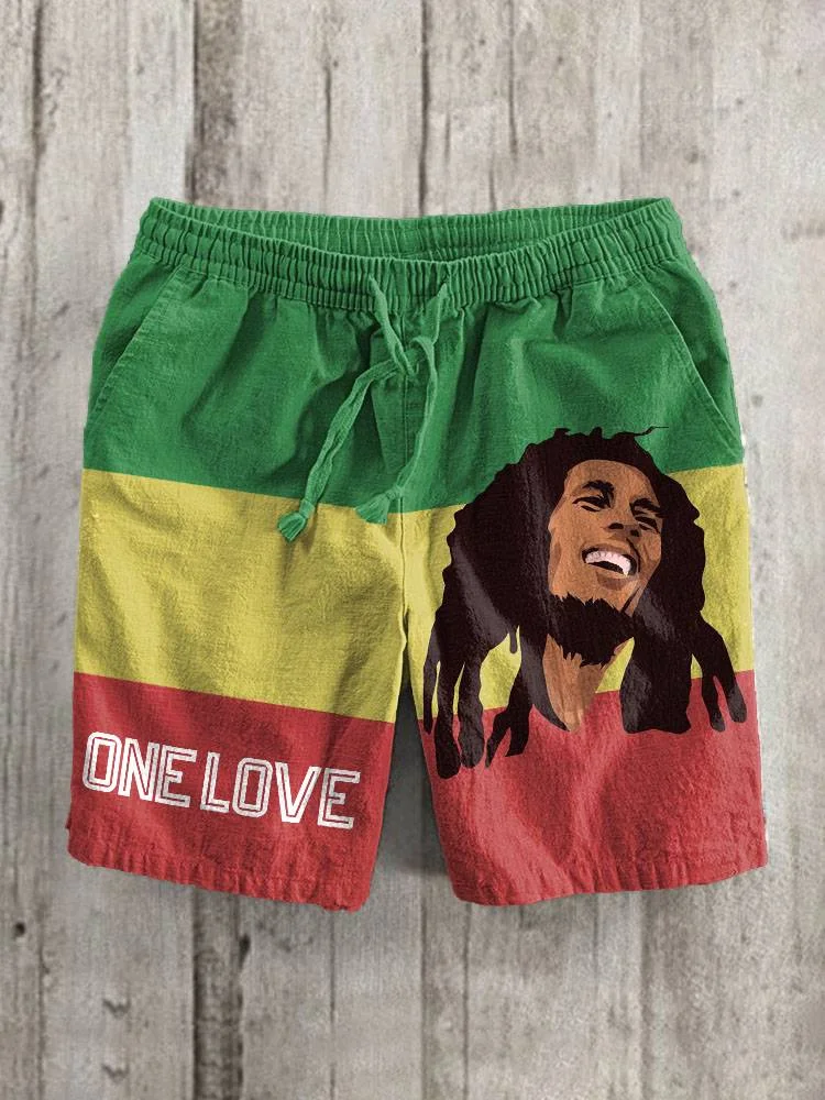 Reggae Music One Love Print Linen Blend Casual Shorts