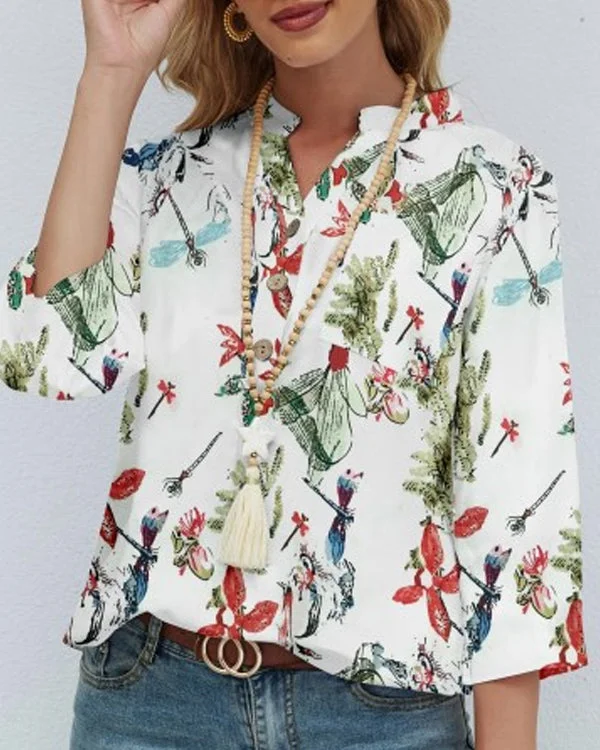 Floral Dragonfly Printed Stand Collar Button 3/4 Sleeve Blouse
