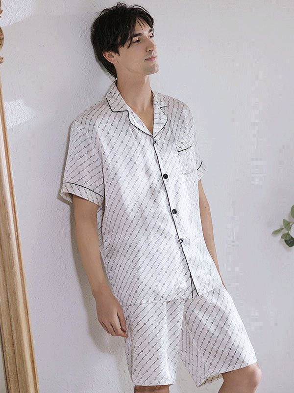 22 MOMME Pyjama en soie court classique à rayures homme blanc 1