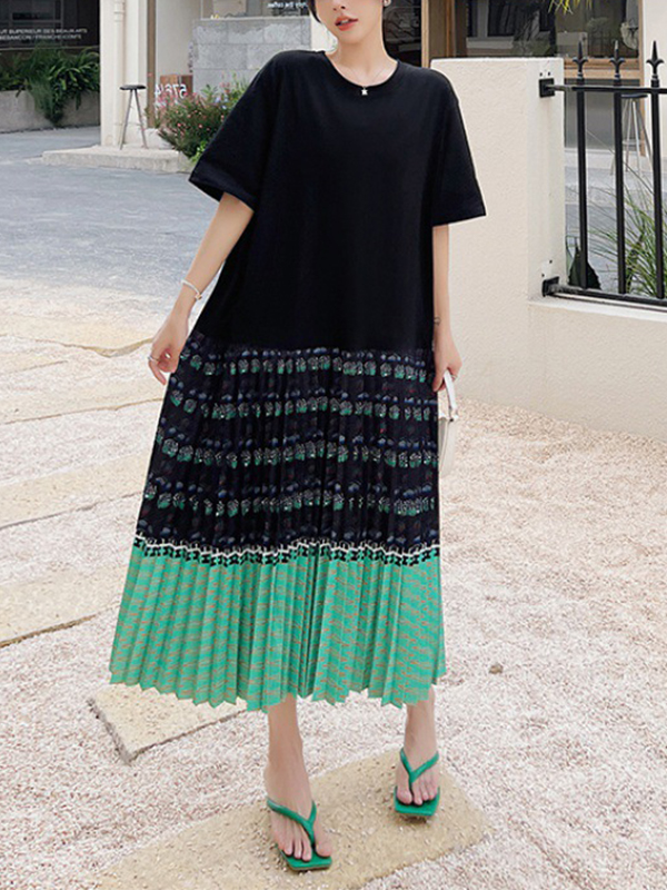 Colorblock Patchwork Pleated Loose Midi Dress