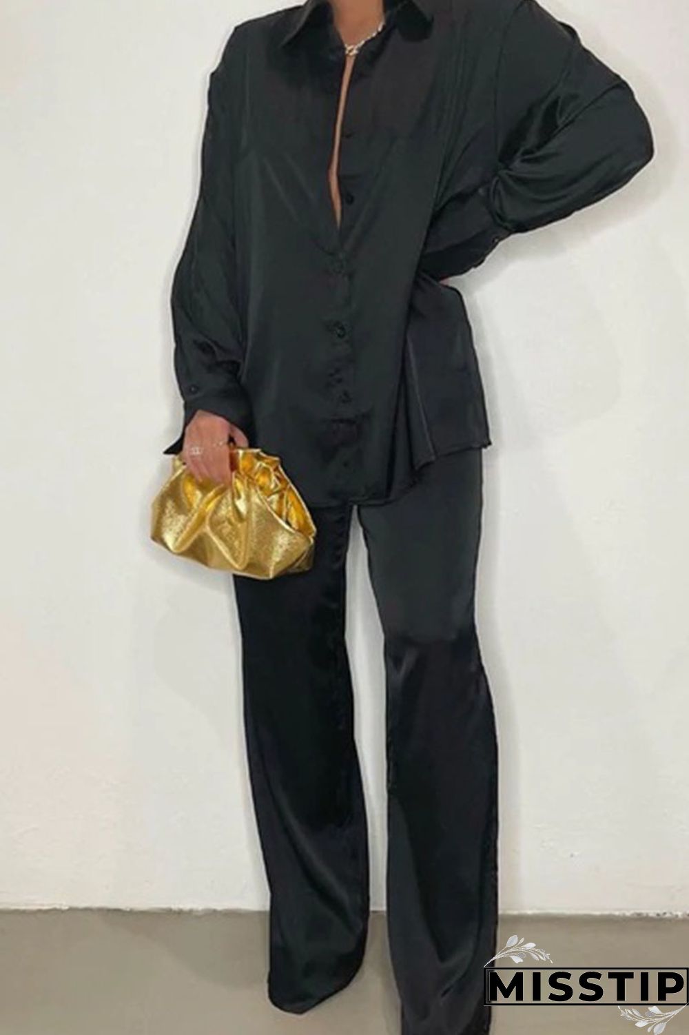 Black Casual Solid Patchwork Buckle Turndown Collar Long Sleeve Two Pieces