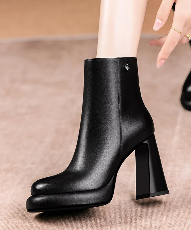 Boutique Stylish Chunky Heel Boots Black Cowhide Leather