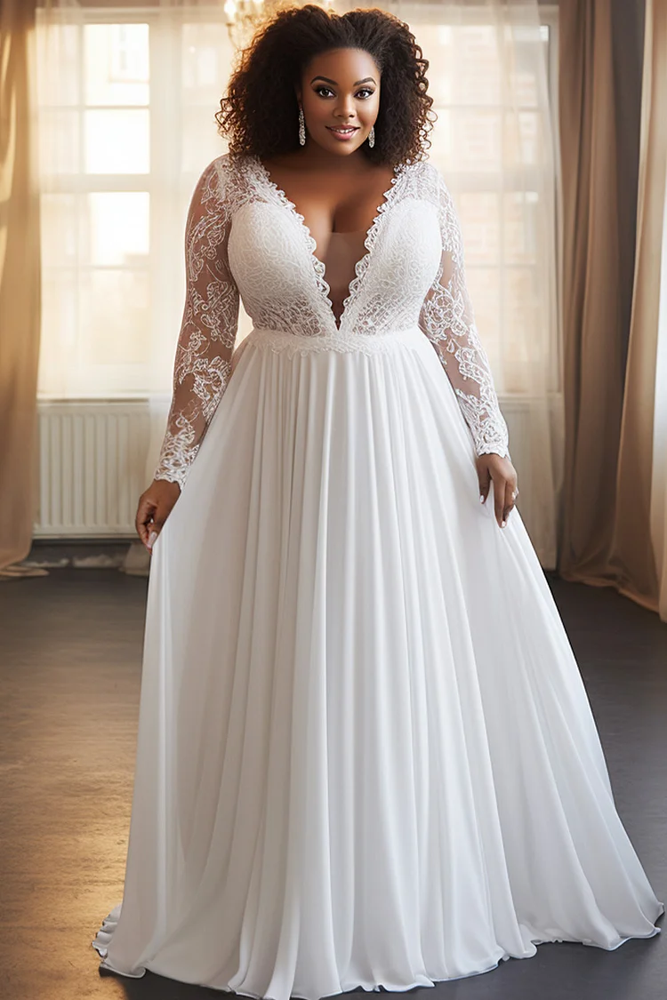 Xpluswear Design Plus Size Wedding White V Neck Long Sleeve See Through Contrast Lace Chiffon Maxi Dresses [Pre-Order] 2024 - Xpluswear