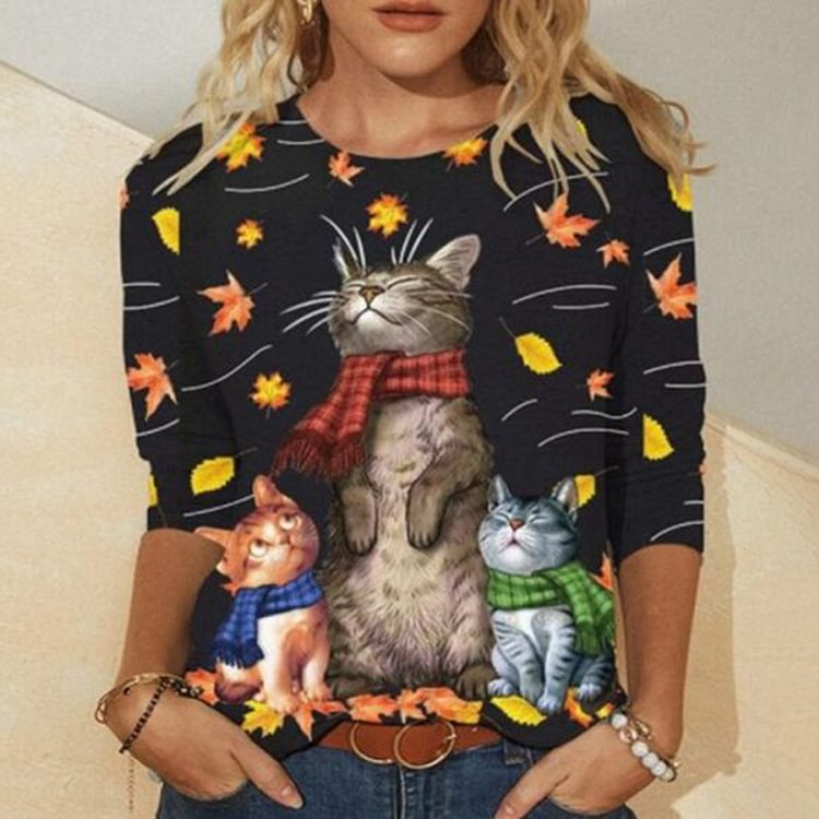 Vefave Cartoon Cute Cat Autumn Print T-Shirt