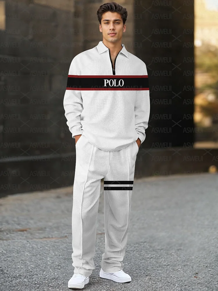 Men's fashion casual zipper polo long-sleeved two-piece set