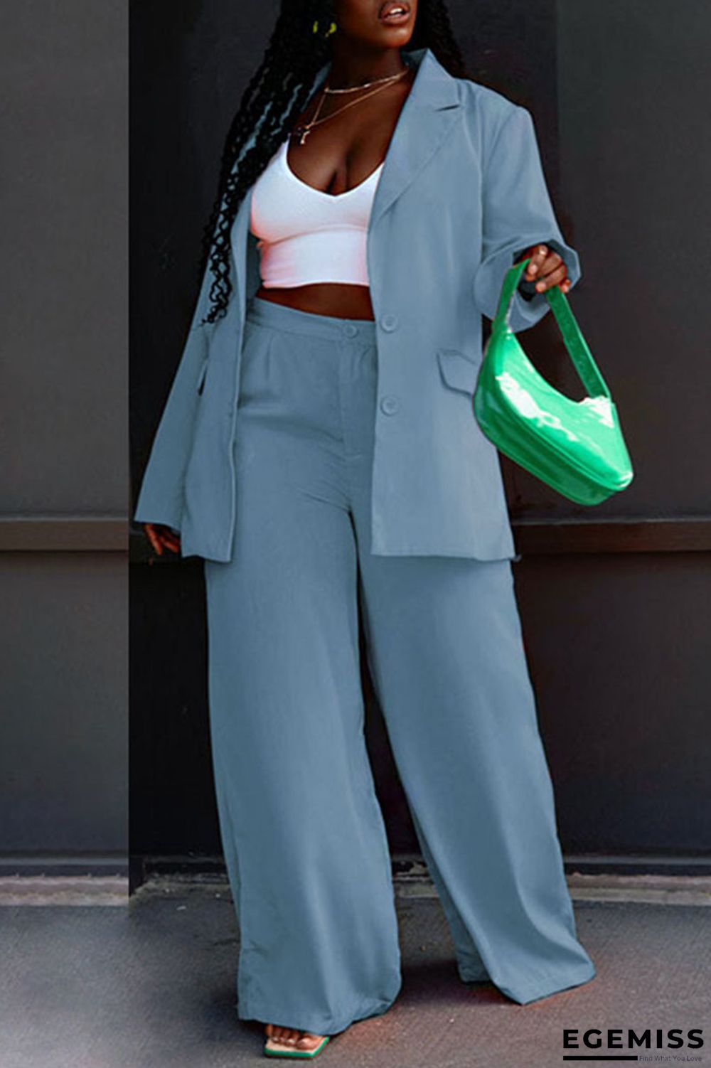 Gray Blue Casual Solid Patchwork Buttons Turn-back Collar Long Sleeve Two Pieces | EGEMISS