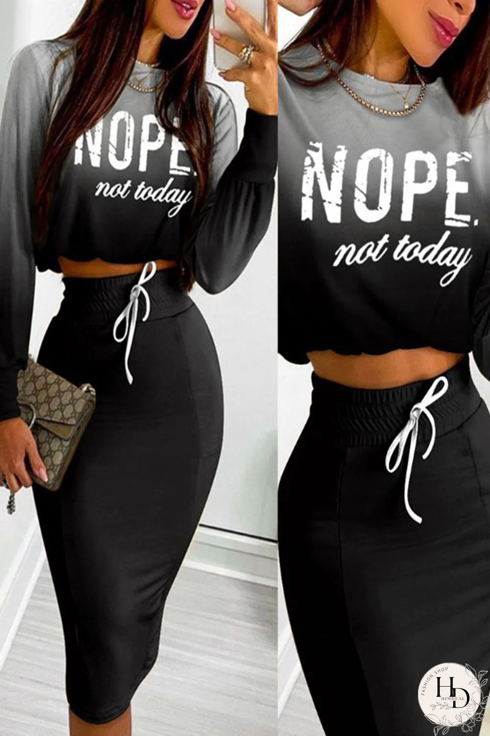 Black Casual Print Patchwork O Neck Long Sleeve Two Pieces