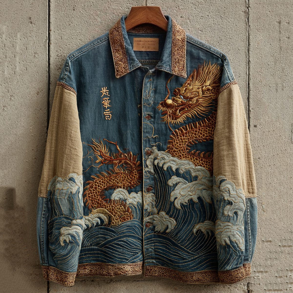 Men's Retro Japanese Dragon Wave Art Pattern Denim Jacket elevenforest