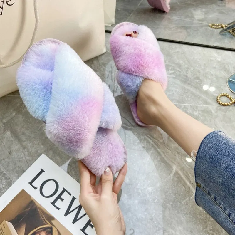 Newest Mixed Colors Fluffy Slippers Autumn Winter Home Slippers Women Furry Fur Slides Outdoor Women's Sandals 2021 Flip Flops