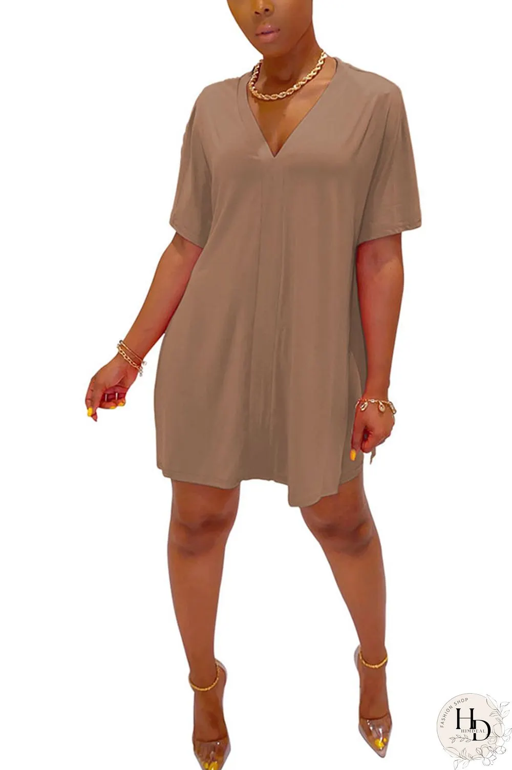 Coffee Fashion Street Solid Two Piece Suits Straight Short Sleeve Two Pieces