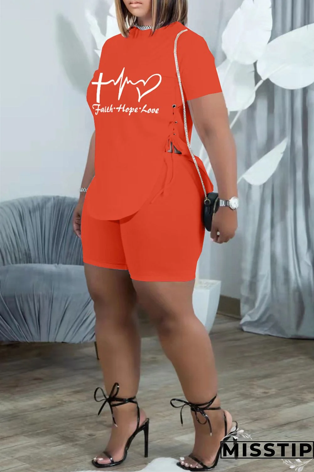 Black Fashion Casual Print Bandage Slit O Neck Short Sleeve Two Pieces