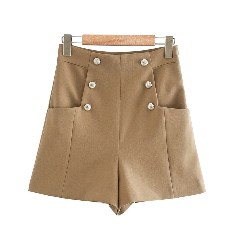 KPYTOMOA Women 2020 Chic Fashion With Buttons Pockets Bermuda Shorts Vintage High Waist Side Zipper Female Short Ropa Mujer