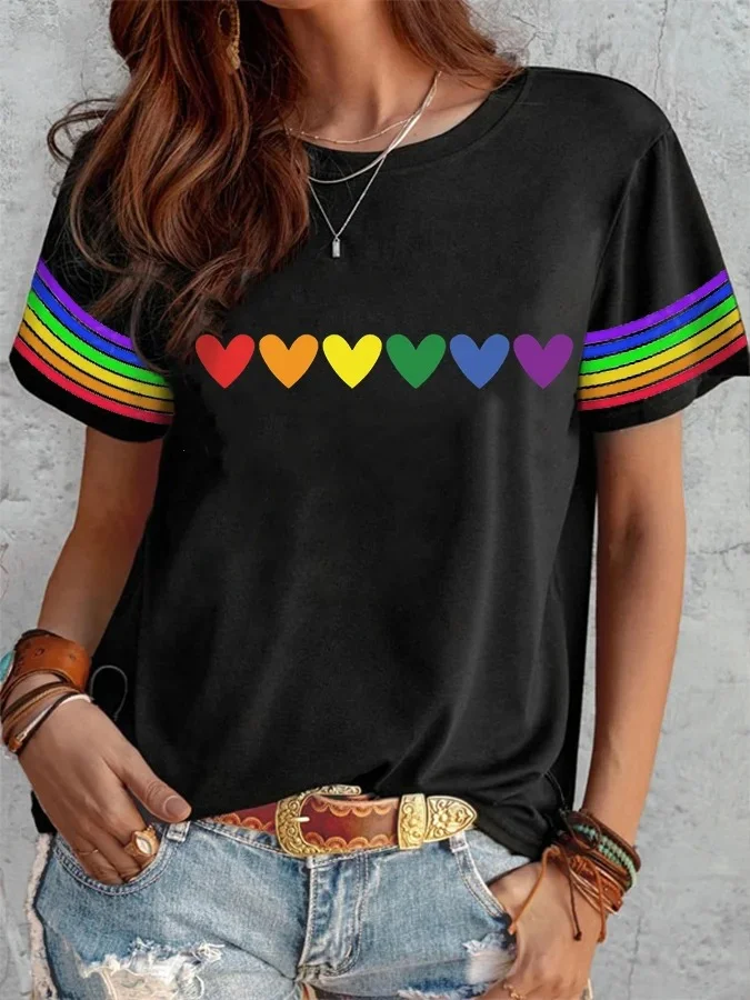 Women's Rainbow Hearts Print Tee Shirt