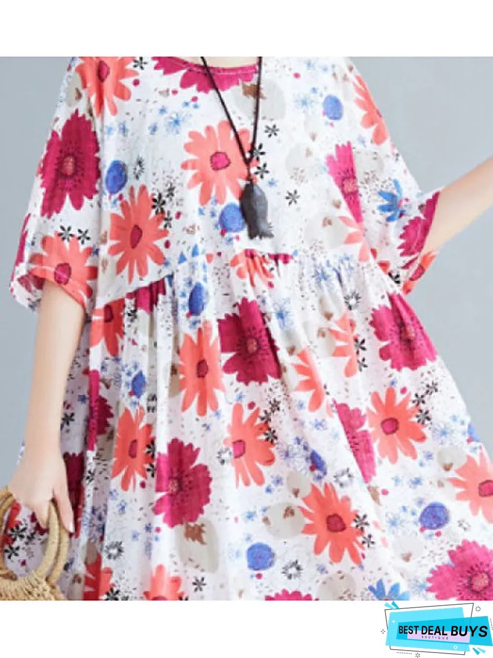 Womens Swing Dress Maxi Long Short Sleeve Floral Patchwork Print Summer Fall Elegant