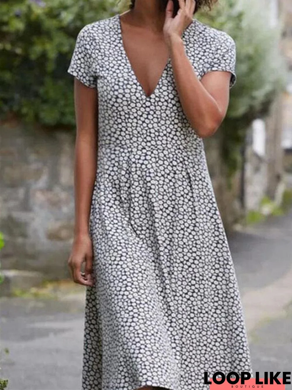 Short Sleeved V-Neck Dress Polka Dot Skirt Medium Length Skirt