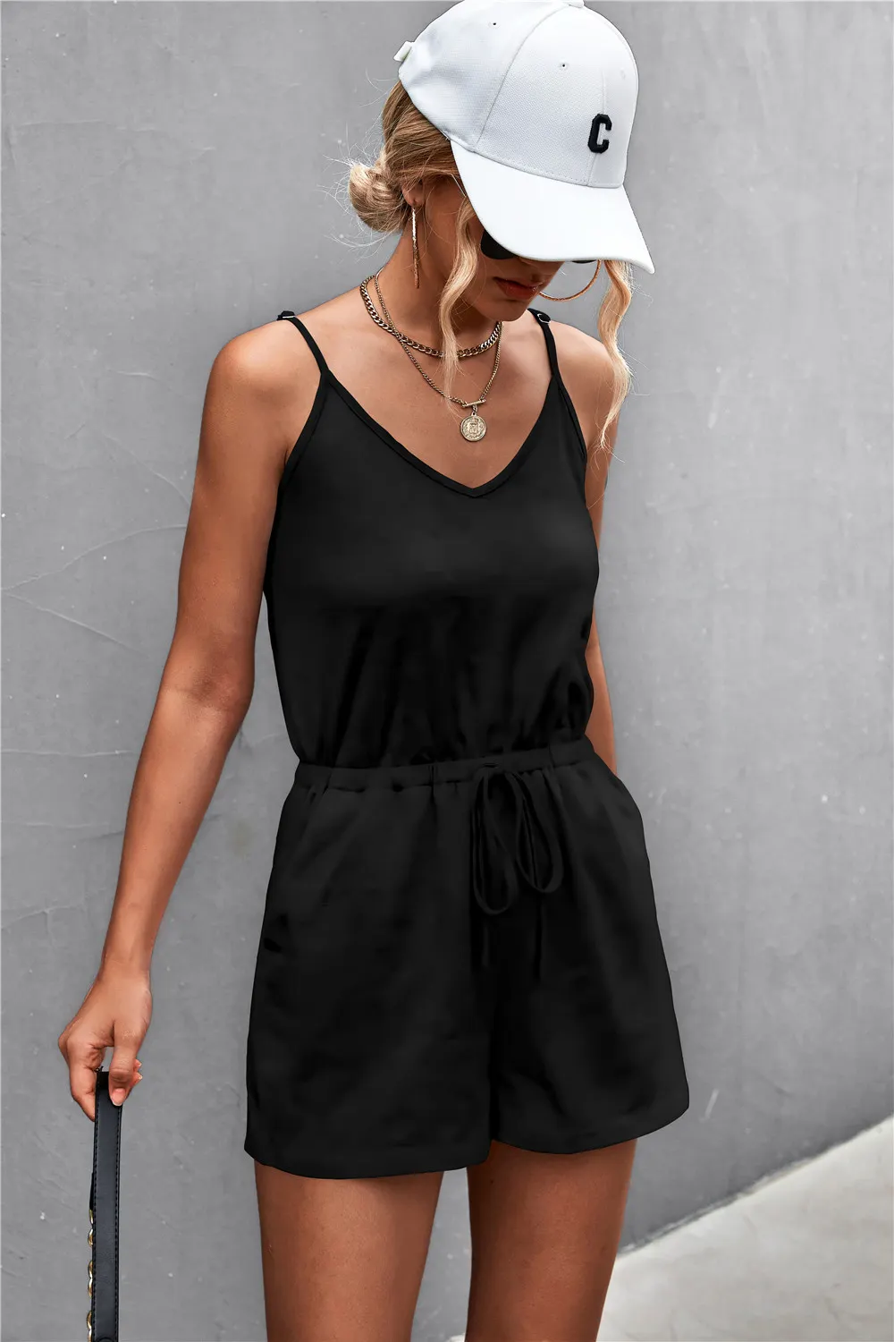 Women's V Neck Spaghetti Strap Drawstring Waist Romper