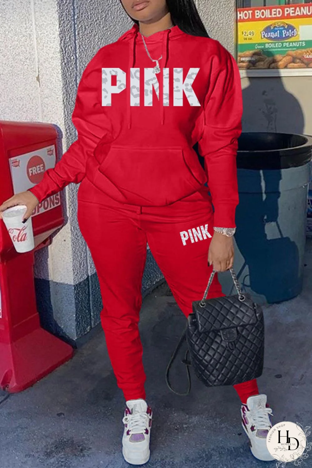 Red Fashion Casual Letter Print Basic Hooded Collar Long Sleeve Two Pieces