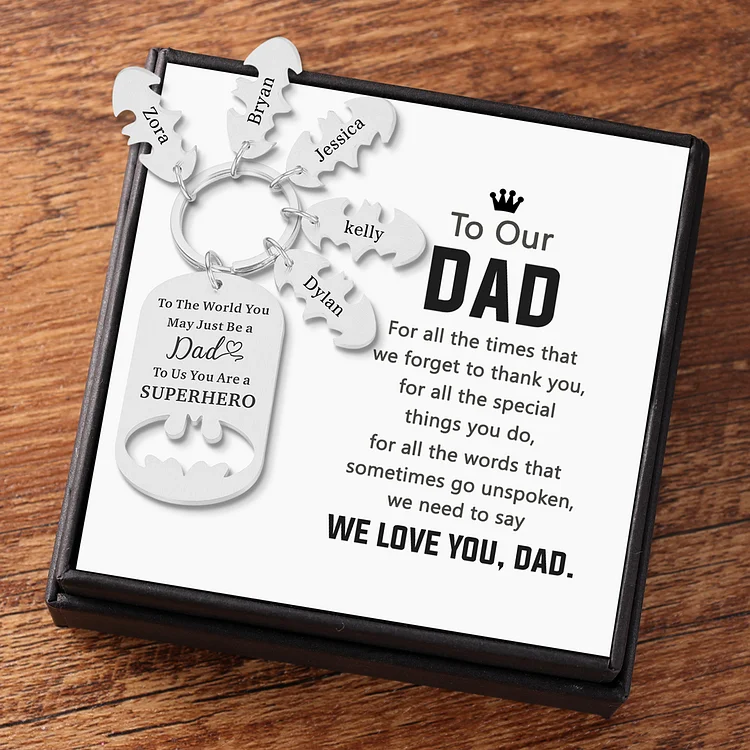 Dad Keychain Set With Gift Card Gift Box You Are A Superhero Personalized 4 Names Bat Keychain Gifts for Batman Dad
