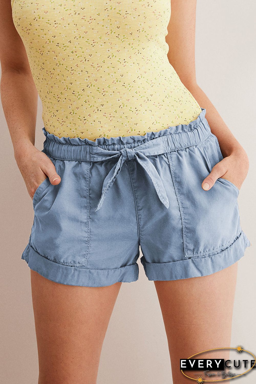 Sky Blue Elastic Waist Camo Print Shorts with Pockets