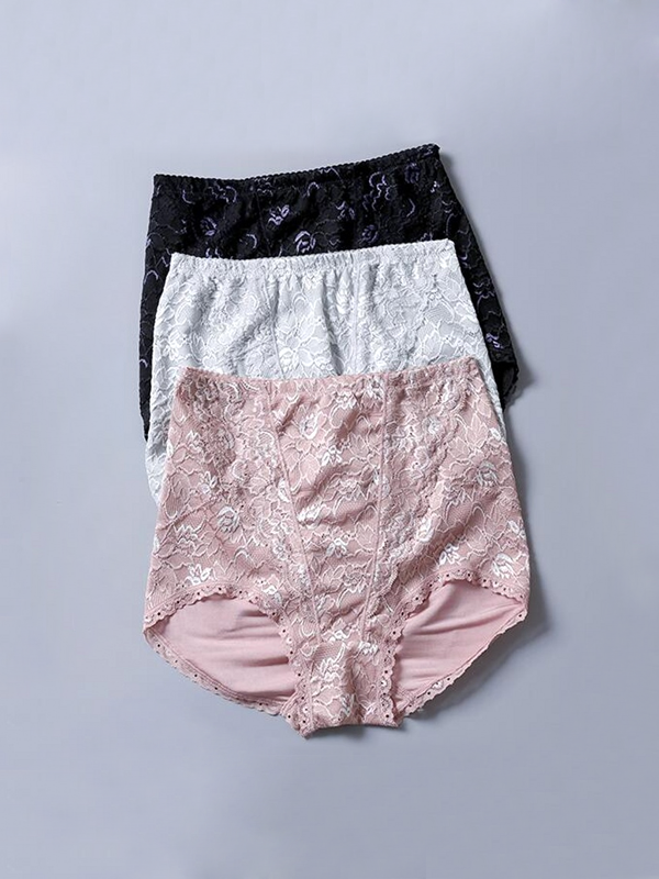 High Waist Silk Panties Floral Lace Style 3-Pack