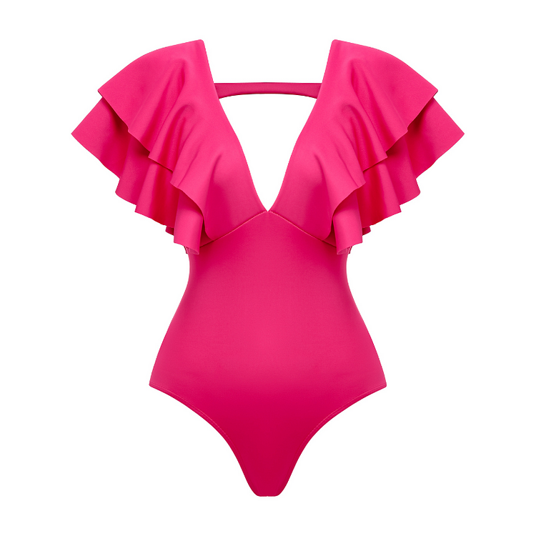 Flaxmaker Ruffle Deep V Solid Color Sexy One Piece Swimsuit