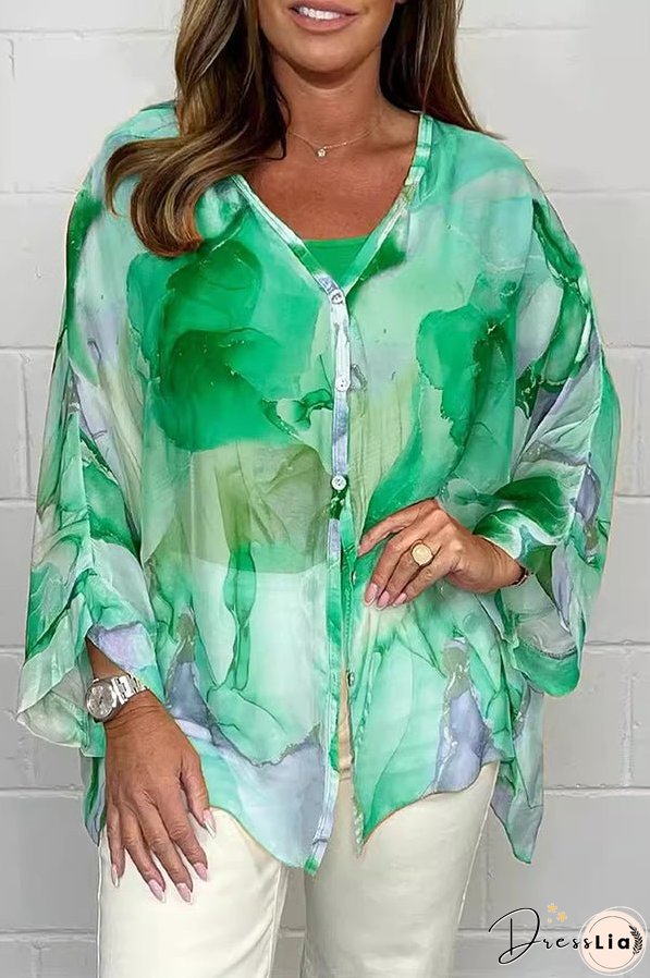 Unique Printed Long Sleeve V-neck Chiffon Loose Shirt