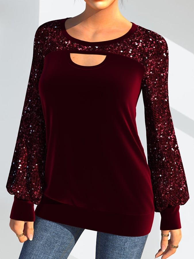 Women's Christmas Sequin Burgundy Lantern Sleeve Sweatshirt