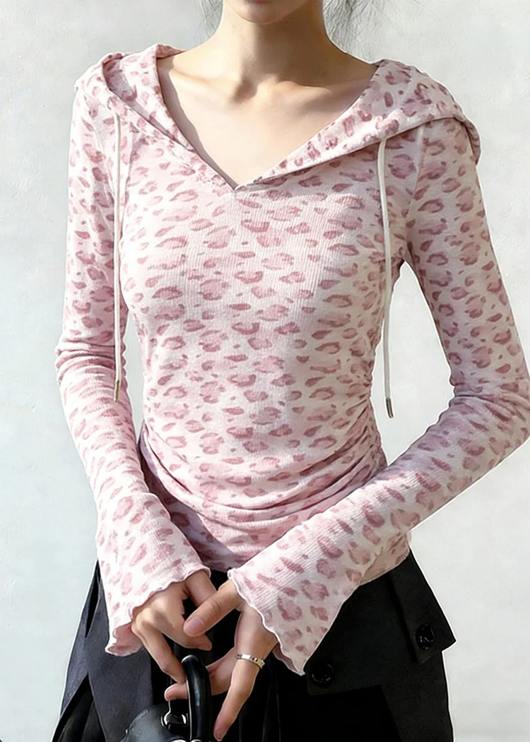 Chic Pink Hooded Leopard Print Cotton Sweatshirt Tops Spring