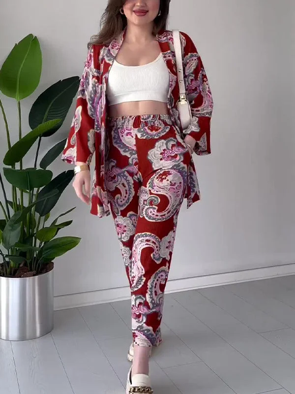 Style & Comfort for Mature Women Women's Long Sleeve V-neck Graphic Printed Bohemia Set