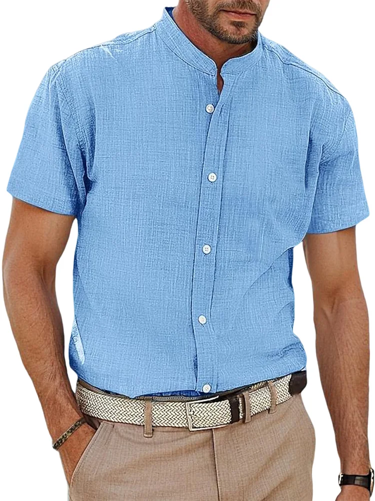 Men's summer stand collar pure cotton casual solid color short-sleeved shirt