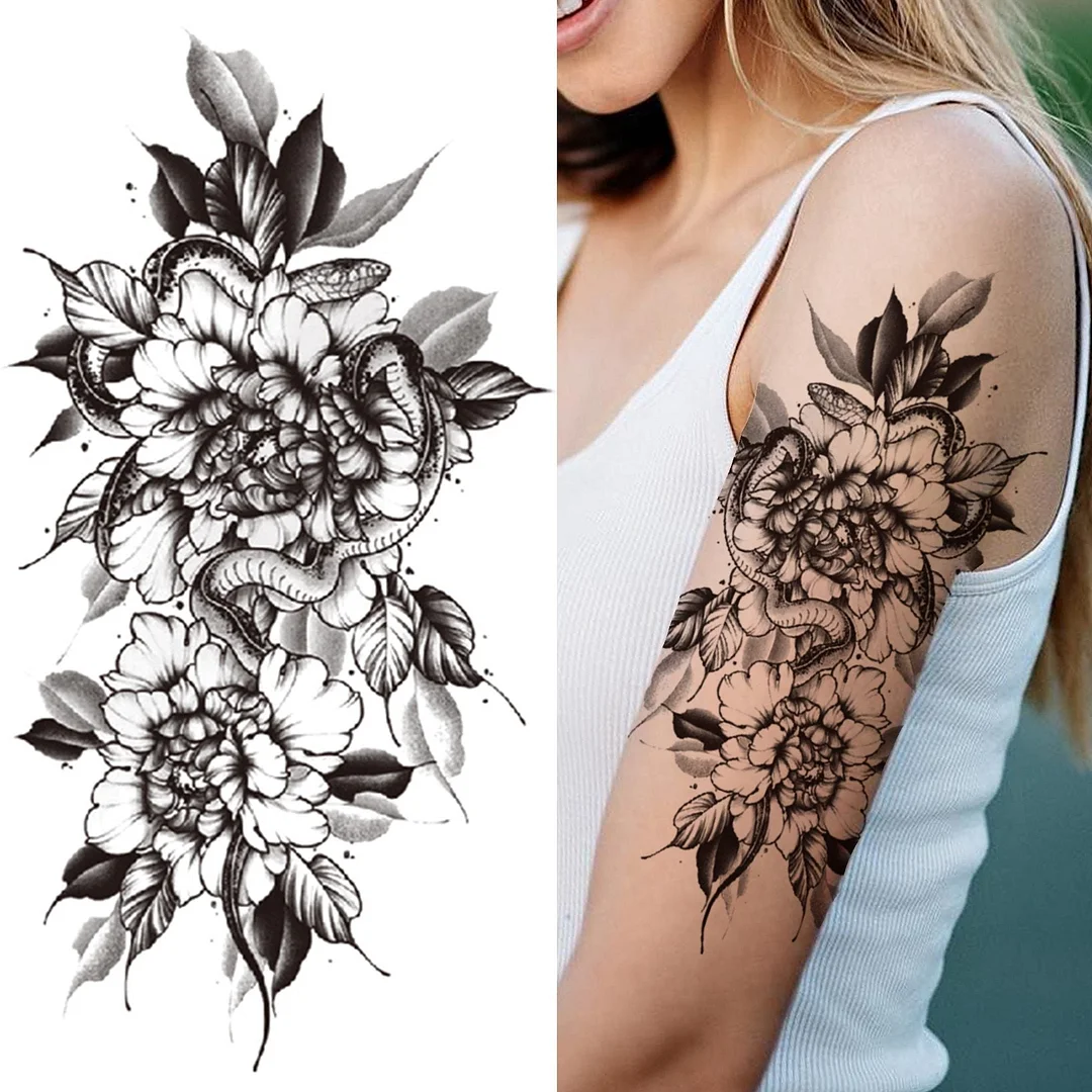 Death Skull Flower Temporary Tattoo For Women Girls Snake Bird Peony Tattoo Sticker Black Fake Blossom Sexy Tatoo Transfer Adult 1108