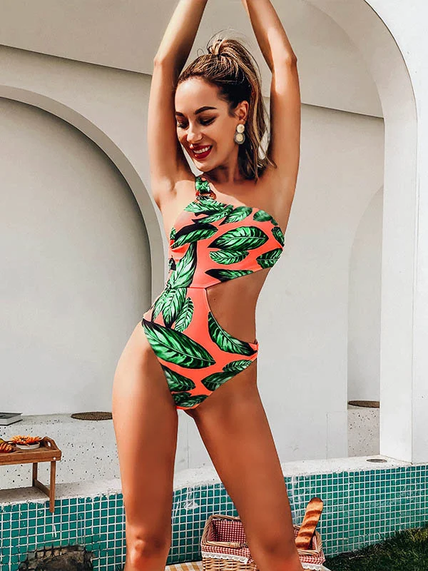 One-Shoulder Belly-Hollow Monstera Ceriman One-Piece Swimwear