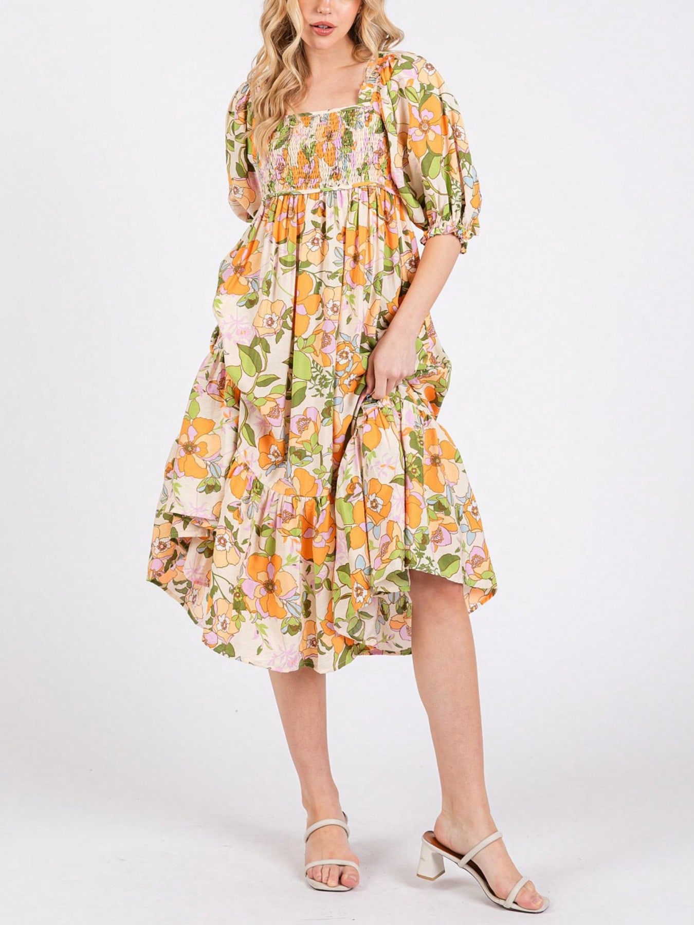 Womens Casual Midi Dress Romantic Vintage Smocked Bodice Puff Sleeve Ruffle Hem Empire Waist Floral Print Square Neck A Line Summer Garden Tea Party Orange Green Spring Sundress