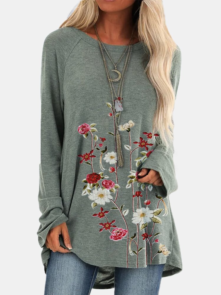 Vintage Floral Printed O neck Long Sleeve Pullover T shirt P1775900
