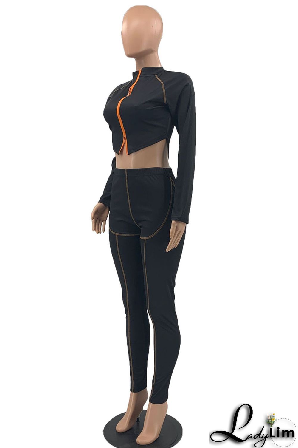 Tangerine Red Casual Solid Patchwork Asymmetrical Zipper Zipper Collar Long Sleeve Two Pieces