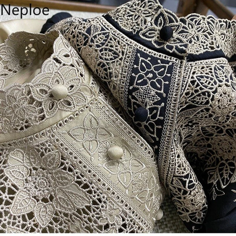 Toloer Blouses Womens Clothes Tops Vintage Blusas De Mujer Stand Collar Embroidery Blouse Korean Fashion Long Sleeve Shirt