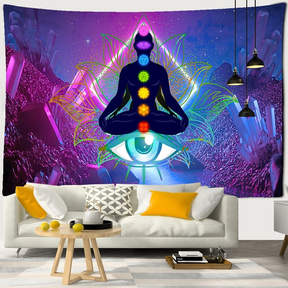 Buddha Statue Meditation 7 Chakra Tapestry Wall Hanging Psychedelic Crystal Sky Background Yoga Carpet Boho Decor