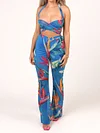 Sexy Floral Printed Condole Belt Vest Top+ Wide Leg Pants Suits