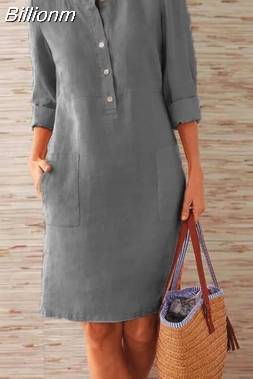 Billionm Color Button O Neck Cotton Linen Summer Dress Women Vintage Short Sleeve Pocket Knee Dress Casual Loose Plus Size Dresses