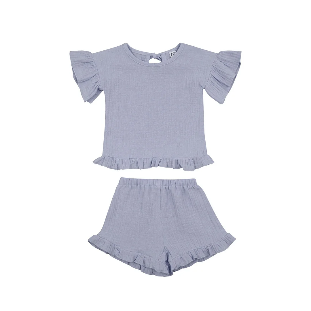 2021 Children Summer Clothing Kid Girl Ruffled Short Sleeves Shirt Tops + Shorts, Ruffled Decoration Neckline Bandage 1-5Y